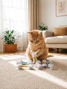 1/3/5/10pcs Random Color Shiny Rainbow Ripple Ball Cat Toy With Jingle Bell Interactive Teaser Wand, Durable Indoor Interactive Pet Toy For Cats, Without Battery - Multicolor - View 4