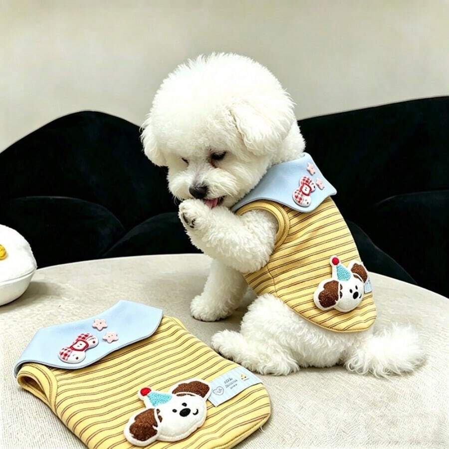 1件裝寵物狗/貓輕量條紋無袖背心,春夏款,適合貴賓犬及其他小型寵物穿著 - 黃色 - 查看 1