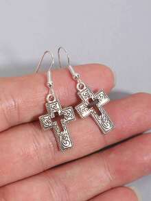 Vintage Carved Cross Earrings For Women, Exaggerated Religious Style Fashion Earrings - Silver - View 5