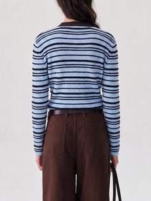 Women's New Autumn/Winter American Vintage Style Striped Crew Neck Pullover Knit Sweater - Blue - View 2