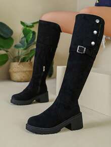 Botas altas de caballero de ante, textura de ante premium, combina bien con abrigos, faldas, jeans, adecuado para desplazamientos de otoño/invierno, fotografía de viajes, atuendos para citas - Negro - Ver 6