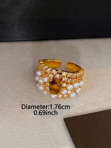 1 Pasang Cincin Mewah Musim Gugur/Dingin dengan Batu Mata Harimau dan Zirkonia Kubik untuk Wanita, Cocok untuk Pemakaian Sehari-hari Saat Berpergian - Yellow Gold - View 3