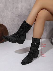 Women's Rhinestone Floral Pointed Toe Chunky Heel Ankle Boots, Vintage Western Cowboy Style Ruched Boots, Autumn/Winter Street Fashion Boots - Black - View 7