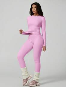 NcmRyu 1 Set Pakaian Olahraga Wanita Lengan Panjang & Celana Panjang Ketat Elastis Pembentuk Tubuh Seksi Warna Pink Musim Semi - Berwarna merah muda - View 9