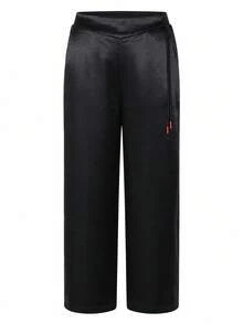 Women's Plus Size Solid Color Drawstring Pocket Wide Leg Pants, Suitable For Autumn - Black - View 4