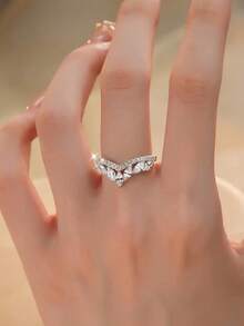 1pc Minimalist Fashion Cubic Zirconia Crown Copper Alloy Open Ring, Suitable For Women's Wedding And Party Wear - Silver - View 4