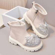 Children's Rhinestone Bow Boots, Baby Girl Side Zipper Soft Sole Autumn/Winter Ankle Boots, Easy To Put On And Take Off - Beige - View 1
