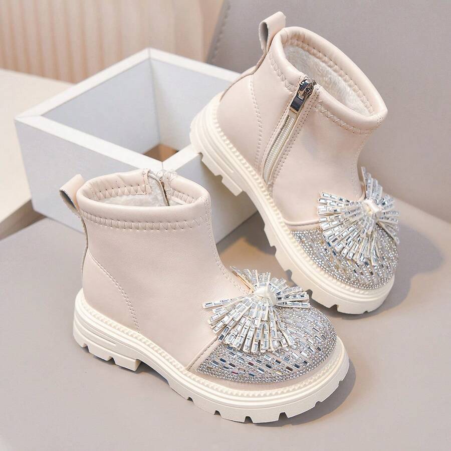 Children's Rhinestone Bow Boots, Baby Girl Side Zipper Soft Sole Autumn/Winter Ankle Boots, Easy To Put On And Take Off - Beige - View 1