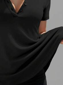 Women's Knit Short Sleeve V-Neck Regular Hem Top With Buttons - Black - View 4