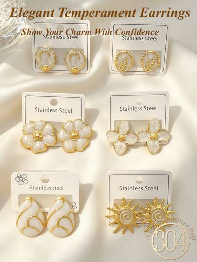 12pcs/6 Pairs Minimalist Cream White Drip Oil Earrings, Made Of Stainless Steel, Hypoallergenic. Flower, Sun, Knot, Geometric Multiple Styles, Warm Cream White Drip Oil Paired With Gold-Plated Frame. Lightweight And Comfortable To Wear, Suitable For Dresses, Shirts, Casual Outfits, Commuting, Dating, Parties. Vintage Minimalist Style, Both A Daily Accessory And The Best Gift Choice For Girls.