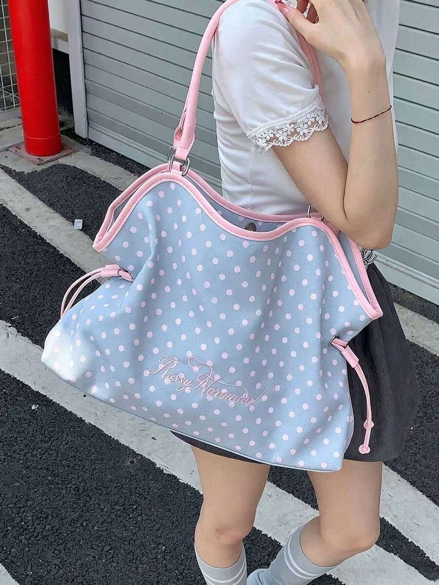Embroidered Polka Dot Tote Bag, Y2K Sweet Cool Style, Large Capacity Shoulder Bag For Commuting, No Pendant, No Pendant - Grey - View 1