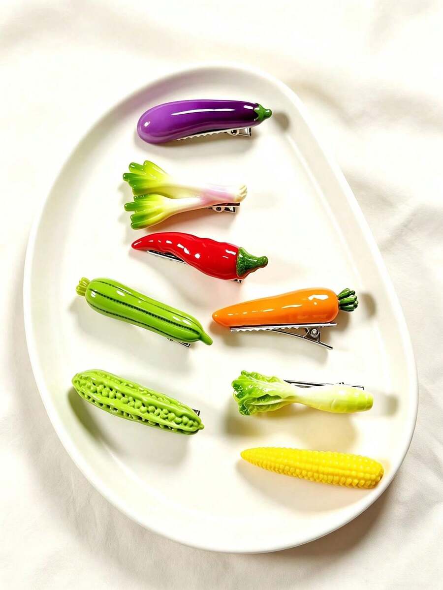 8pcs Realistic Vegetable Hair Clips Funny Personalized Carrot Eggplant Corn Bangs Clips Girls Fun Side Hair Clips Hair Accessories - Multicolor - View 1