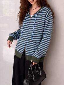 Women's Winter Casual Minimalist Vintage Striped Hooded Cardigan Jacket - Blue - View 4