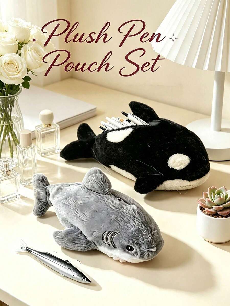 2pcs Creative Shark Pencil Case Set, Desktop Storage Bag, 3D Plush Shark Pencil Pouch With Realistic Fish-Shaped Ballpoint Pen, Marine Life Makeup Organizer, Fun Student Stationery, Novelty Gift For Students Back To School Birthday - Multicolor - View 1