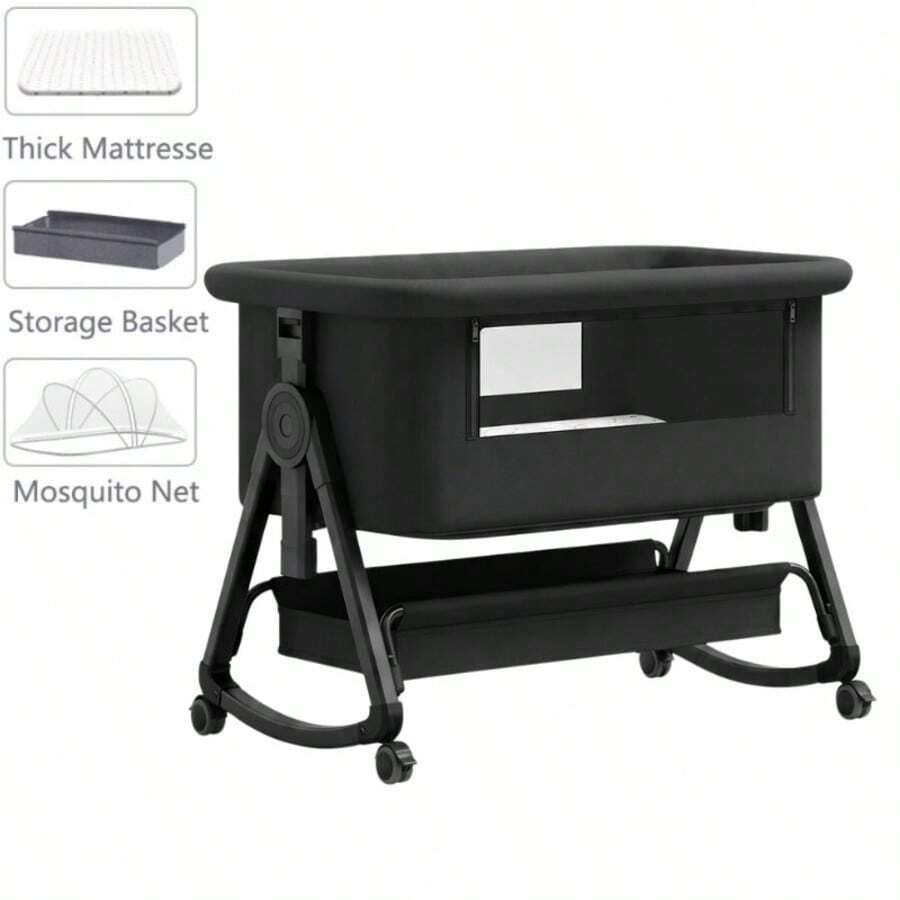 YAZOCO 3-In-1 Bedside Crib, Portable Baby Bed With Breathable Mesh And Sheets, Adjustable Bassinet Co-Sleeper With Storage Basket (Gold Grey)