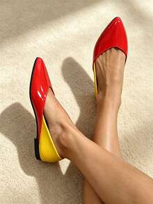 Women's Colorblock Patent Leather Pointed Toe Flat Shoes, Slip-On Casual Ballet Flats For Daily Wear, Street Style, Office - Red - View 6