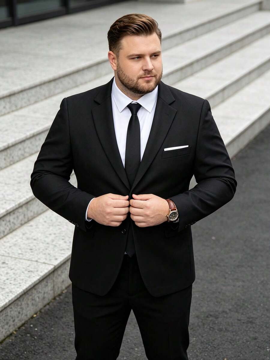 Men's Plus Size Solid Color Elegant Slim Fit Single-Breasted Blazer, Wedding Party Ball Business Formal Suit Set, Black - Black - View 1