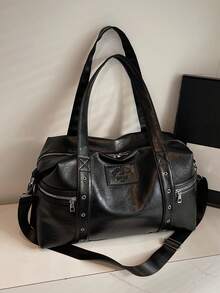 Street Style Fashionable Large Capacity Tote Bag With Multiple Zippered Pockets And Metal Eyelets Decoration Design, Suitable For Daily Commuting - Black - View 9