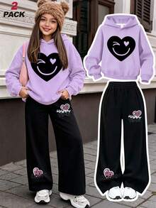 2pcs/Set Sweet Style Girls' Sports Outfit, Heart Print Hoodie + Happy Letter Heart Wide Leg Pants, Big Girls' Spring/Autumn/Winter Set - Mauve Purple - View 1