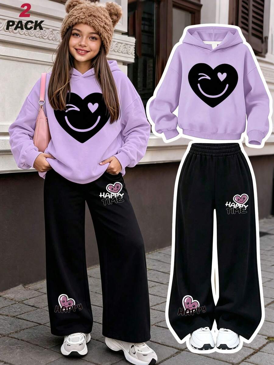 2pcs/Set Sweet Style Girls' Sports Outfit, Heart Print Hoodie + Happy Letter Heart Wide Leg Pants, Big Girls' Spring/Autumn/Winter Set - Mauve Purple - View 1