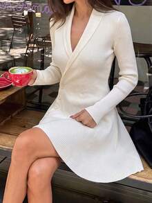 Elegant Women's White Knit Wrap Sweater Dress, Button Design, Long Sleeve Short Flared Hem, Perfect Choice For Autumn - Light Apricot - View 5