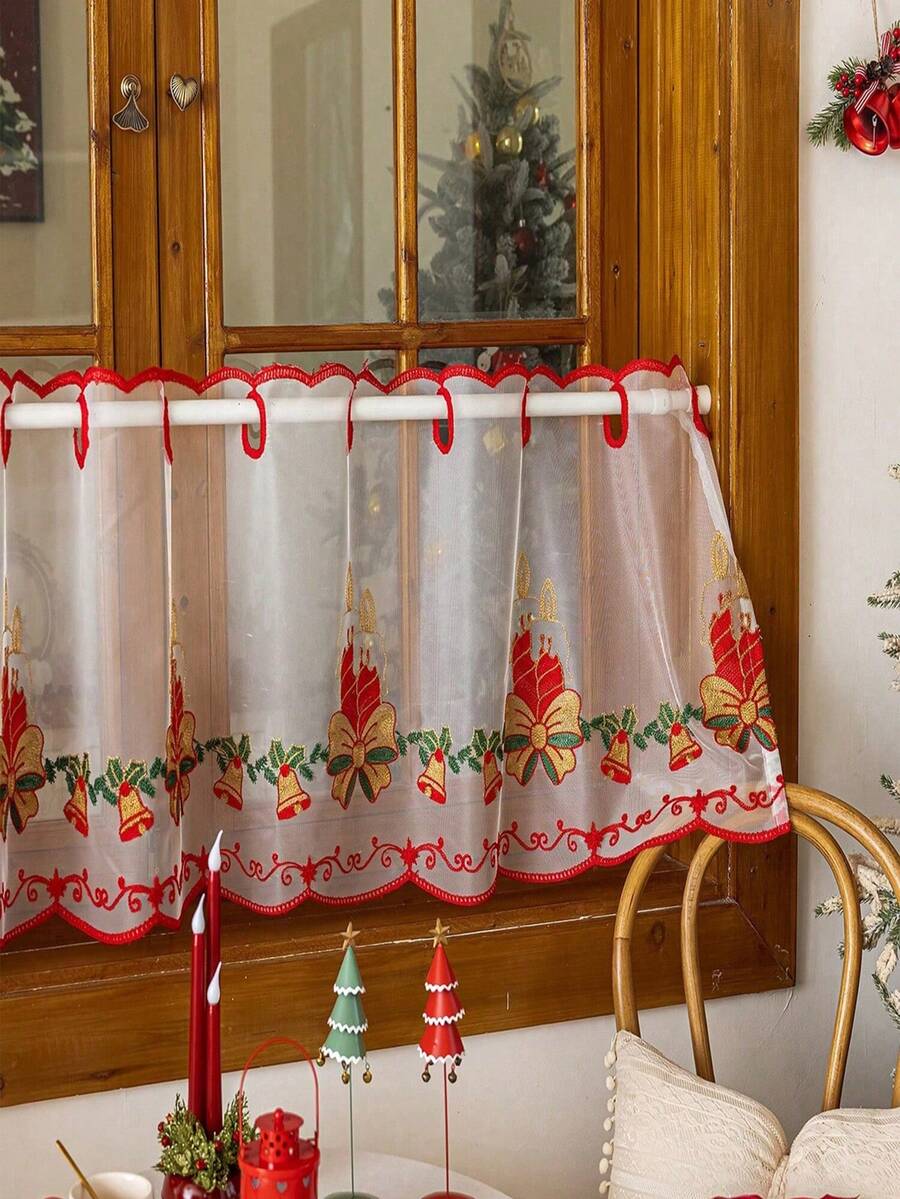 1pc Christmas Holiday Atmosphere Reindeer & Christmas Berry Decorative Short Curtain - 1PC - View 1