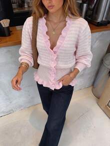 Women's Pink Striped Knit Cardigan, Vintage Elegant Ruffle V-Neck, Autumn Outfit, Suitable For Party & Gathering & Commute Wear. - Pink - View 6