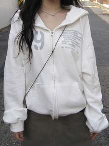 Sweatshirt Hoodie Resleting dengan Cetakan Huruf Bergaya Retro Kasual - Putih - View 1