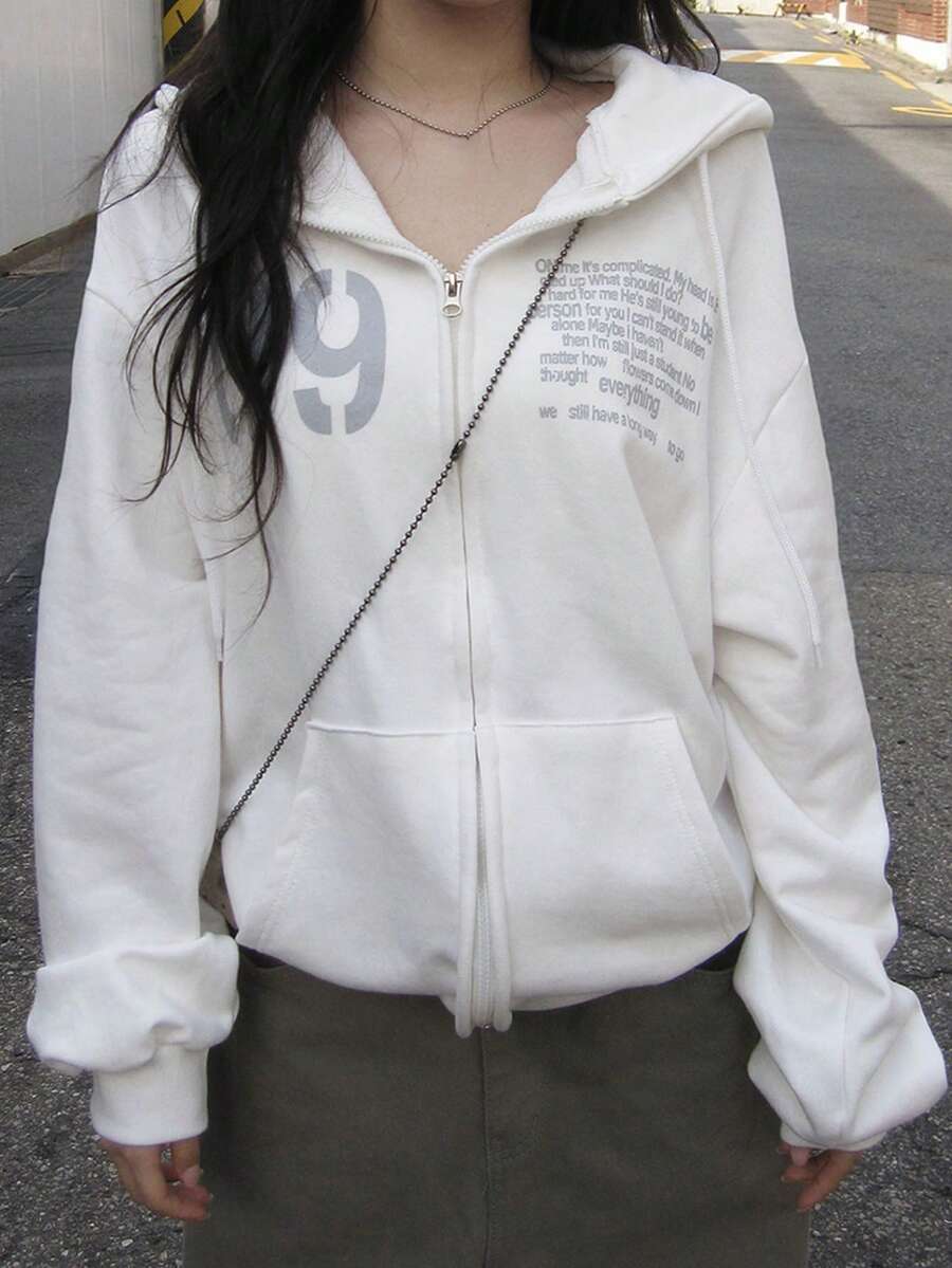 Sweatshirt Hoodie Resleting dengan Cetakan Huruf Bergaya Retro Kasual - Putih - View 1