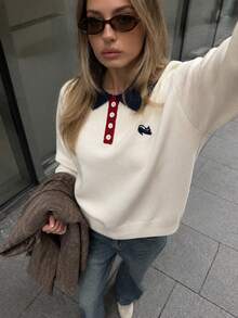 Sweater Rajut Lengan Panjang Wanita Model Colorblock Minimalis Kasual Musim Gugur/Dingin Terbaru - Putih - View 1