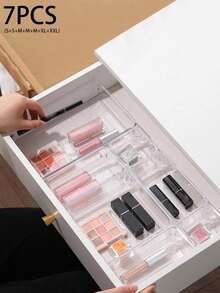 Set Baki Perhiasan 1/2/6/7 buah, Set Kotak Penyimpanan Laci Plastik Transparan, Pengatur Perhiasan, Kotak Penyimpanan Pembatas Laci Meja, Kosmetik, Kotak Penyimpanan Perlengkapan Perhiasan, Partisi Laci Rumah - Clear - View 15