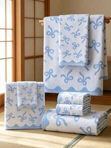 QIBHI 1/2/3件可選，純棉提花蝴蝶結棉質浴巾，1條小毛巾 (33*74cm) 或 1條浴巾 (70*140cm)，優雅清新甜美風，(2條毛巾 + 1條浴巾) 浴室裝飾浴巾，情人節禮物毛巾，婚禮裝飾，吸水且柔軟 - 藍色 - 查看 2