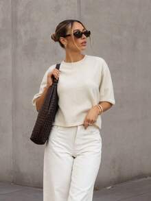 Spring/Summer Women's New American Style Knit Short Sleeve Round Neck Sweater Top - Beige - View 3