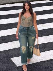 Nuevos Jeans Rectos Básicos Sueltos con Roturas Casuales para Mujer Primavera Otoño - Azul lavado medio - Ver 2