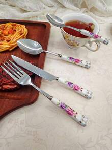 2/4/24pcs Exquisite Hexagonal Floral Ceramic Handle Stainless Steel Tableware Silverware Set, Including Knife, Spoon, Fork, Dessert Spoon, Unique And Elegant Porcelain, Suitable For Restaurants And Daily Family Dining - Multicolor - View 8