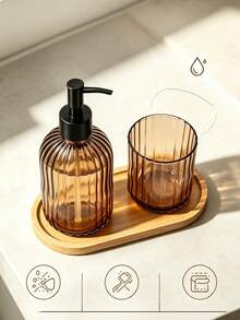 1 Set Soap Dispenser + Toothbrush Holder + Tray 3-In-1 Bathroom Set, Striped Glass Material, Bathroom Accessories Set, Refillable Lotion Dispenser Bottle, Bathroom Decor Accessories - Brown - View 8