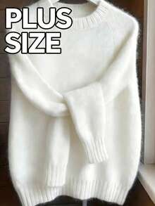 Women's Plus Size Cream Round Neck Ribbed Drop Shoulder Long Sleeve Knit Sweater, Comfortable Casual Y2K Fashion Style, Suitable For Halloween, Christmas, New Year, Autumn/Winter Season - White - View 6