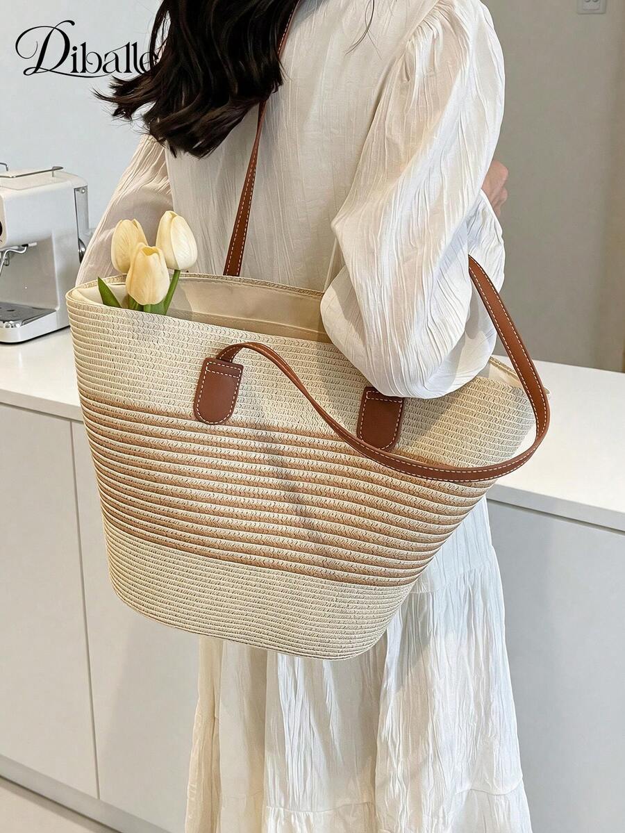 Large Capacity Straw Woven Tote Bag, Commuter Shoulder Bag For Beach Vacation And Travel, Straw Handbag For Women