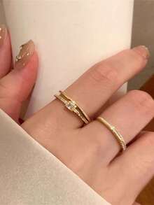 2pcs Gold Minimalist Exquisite Niche Design Premium Luxury Double Layer Ring Set Suitable For Women Daily Holiday Commute Wear - Gold - View 3