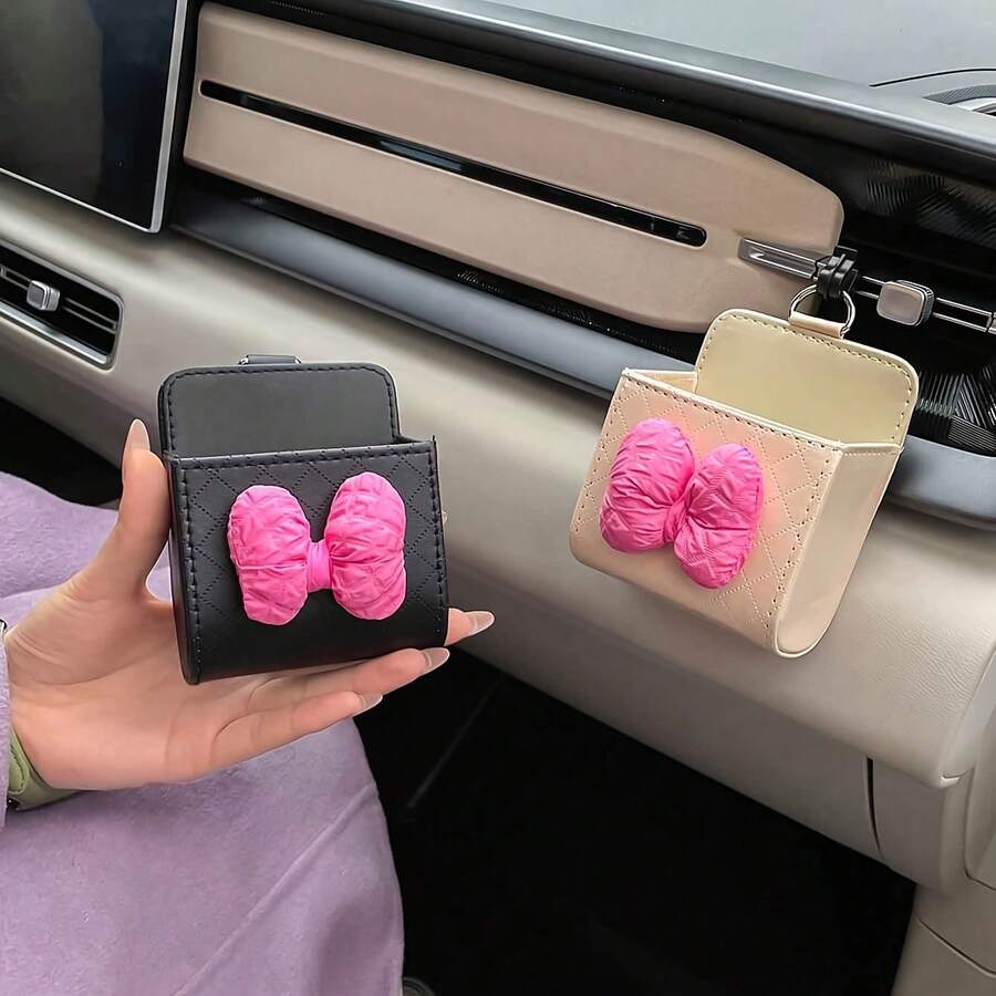 1pc Cute Cartoon Bow Car Interior Storage Bag Creative Car Air Vent Storage Box Car Hanging Bag Phone Holder - Bow - View 1