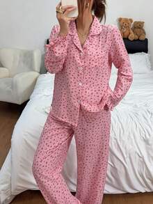 Dreamivo Women's Ruffle Trim Playful Elegant Loungewear Set, Cherry Print Long Sleeve Pants Contrast Color Pajama Set - Pink - View 6