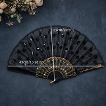 1pc 22CM Women's Sequin Embroidered Fan, Plastic Gold Foil Frame, Suitable For Party, Shopping, Travel, Sun Protection - Black - View 4