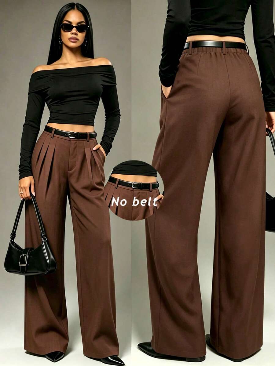 Women's Commuter High Waist Pure Pleated Loose Wide Leg Suit Pants - Brown - View 1