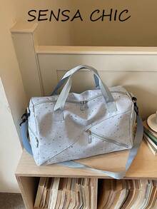 Women's Large Capacity Travel Luggage Bag With Starry Print Pattern, Multiple Exterior Pockets, Fabric Material, Detachable Adjustable Wide Strap, Multi-Compartment Storage With Multiple Zippers, Fresh Minimalist Style, Versatile Handheld Crossbody Sports Bag For Short Trips, Fitness, Outings, School, Commuting - View 2