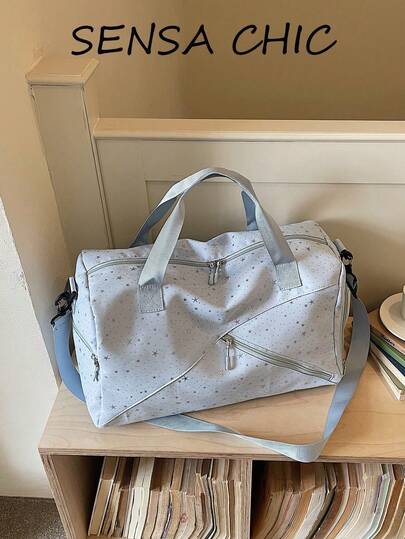 Women's Large Capacity Travel Luggage Bag With Starry Print Pattern, Multiple Exterior Pockets, Fabric Material, Detachable Adjustable Wide Strap, Multi-Compartment Storage With Multiple Zippers, Fresh Minimalist Style, Versatile Handheld Crossbody Sports Bag For Short Trips, Fitness, Outings, School, Commuting