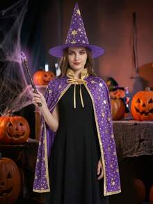 2pcs Halloween Satin Gold Foil Star Cape & Hat Set, Adult Wizard Magician Witch Costume, Stage Performance And Party Outfit - Multicolor - View 8