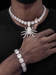 Men Halloween Gothic Bling Red Spider Jewelry , Red Square Rhinestone Necklace & Bracelet Kit For Cosplay Party - Spider Pendant - View 2