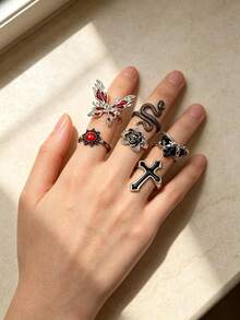 15/25Pcs/Lot Vintage Punk Colorful Stones Men Women Rings Spider Skeleton Bat Random Styles Festival Party Gifts For Friends Daily Wearing Accessories - Vintage Black Stone Flower Gun Black Punk Ring - View 7
