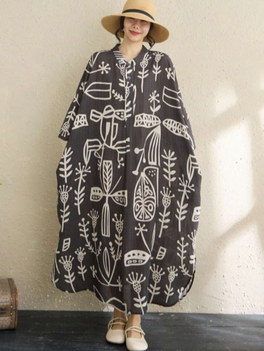 AZAH Halloween Elegant Ball Summer Women's Casual Vacation Bohemian Style Patterned Mid-Length Shirt Dress, Thin Slim Fit Black - Black - View 1