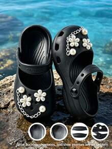 HAHABOBO Girls' Pearl Flower Mary Jane EVA Slippers, Fashionable Chain Decor, Versatile Breathable Summer Outdoor Sandals - Black - View 2